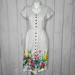 Vintage White Cottegecore Polka Dot Floral Cotton Dress Sweetheart Neckline